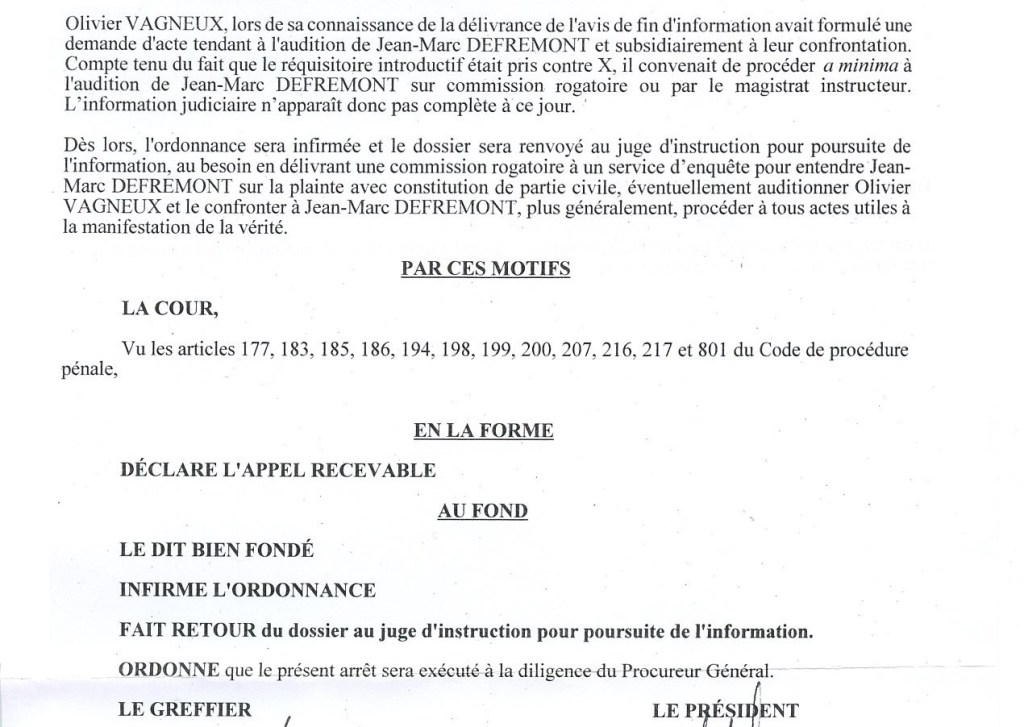 Dénonciation calomnieuse d&rsquo;Olivier VAGNEUX par Jean-Marc DEFRÉMONT : la Cour d&rsquo;appel de Paris casse l&rsquo;ordonnance de non-lieu et annule l&rsquo;amende civile de 600 euros à laquelle avait été condamnée O.&nbsp;VAGNEUX