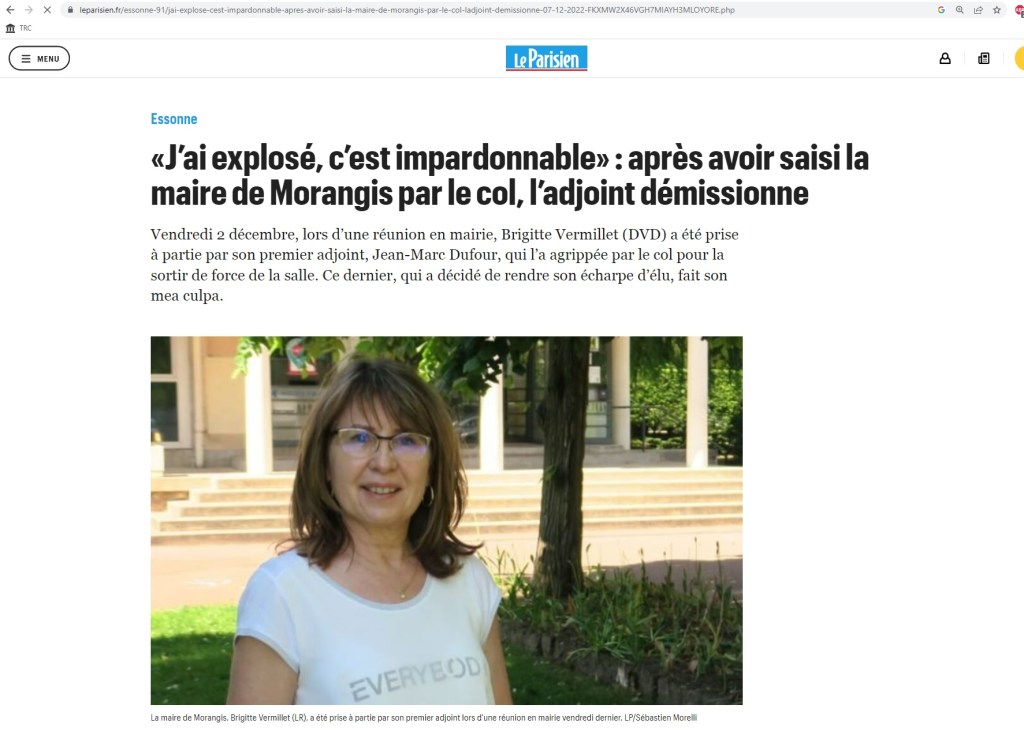 Excédé par les vexations et les humiliations de la maire de Morangis, son adjoint la saisit par le col et la force à sortir de la&nbsp;salle