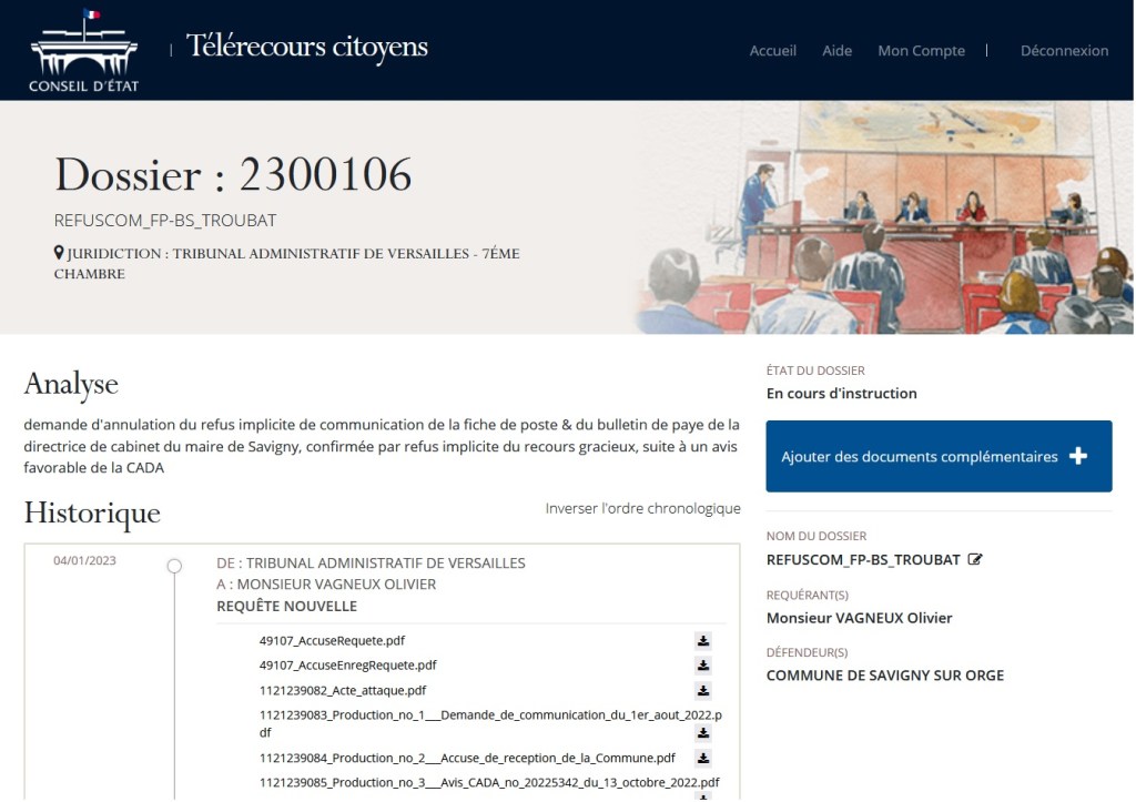 Olivier VAGNEUX a déposé un recours au Tribunal administratif pour obtenir la fiche de poste et le bulletin de salaire d&rsquo;Aurélie TROUBAT, directrice de cabinet du maire de Savigny-sur-Orge
