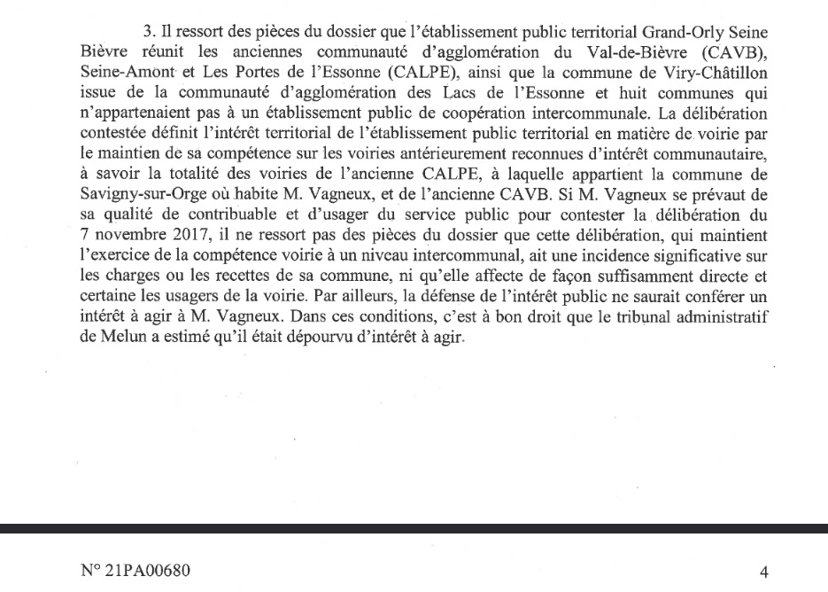 Olivier VAGNEUX échoue en appel à obtenir la rétrocession de la compétence voirie à la commune de Savigny-sur-Orge
