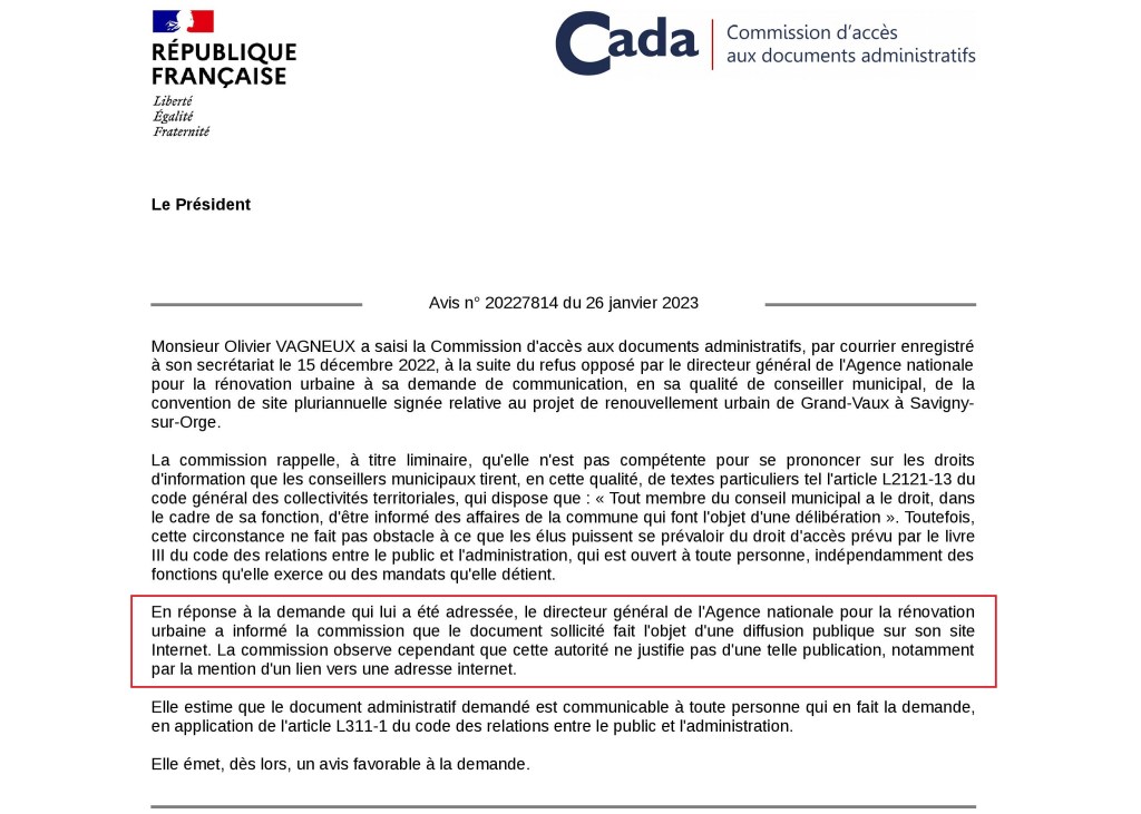 La Commission d&rsquo;accès aux documents administratifs me sauve mes délais de recours en reprochant au directeur général de l&rsquo;Agence nationale pour la rénovation urbaine de ne pas faire la preuve de ses&nbsp;publications