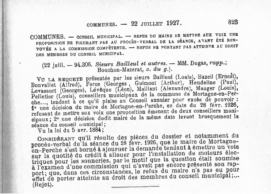 Le texte de la jurisprudence du Conseil d&rsquo;État dite « Bailleul » qui a créé le droit de proposition de délibération pour les élus locaux (CE, 22 juillet 1927, Bailleul, page 823 au&nbsp;recueil)