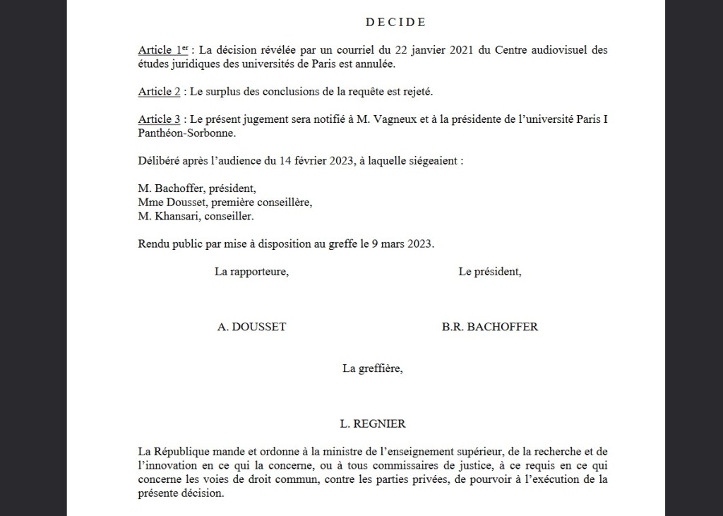 Olivier VAGNEUX fait condamner l&rsquo;Université Paris I Panthéon Sorbonne par le Tribunal&nbsp;administratif