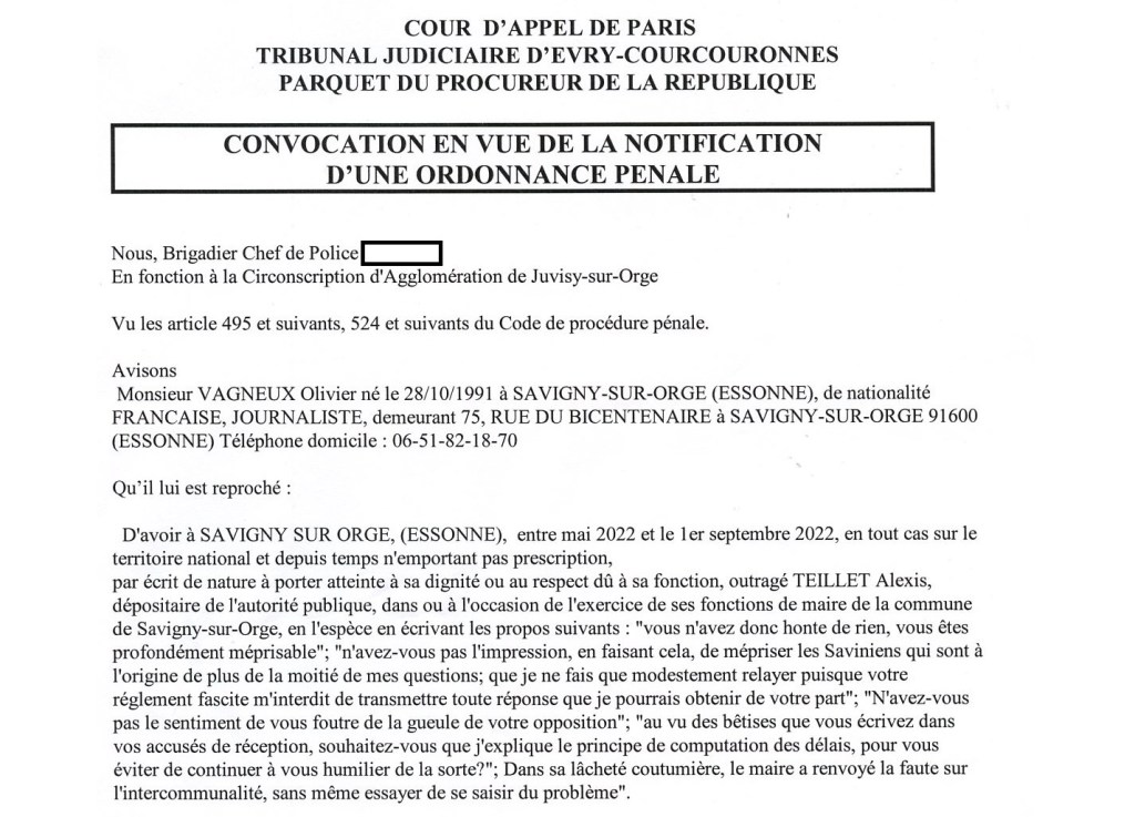Alexis TEILLET obtient une ordonnance pénale contre Olivier VAGNEUX ; Olivier VAGNEUX qui fait opposition à l&rsquo;ordonnance pénale d&rsquo;Alexis&nbsp;TEILLET