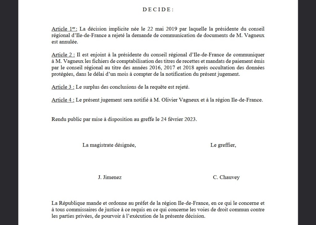 Olivier VAGNEUX fait condamner la Région de Valérie PÉCRESSE à lui communiquer ses grands livres&nbsp;budgétaires
