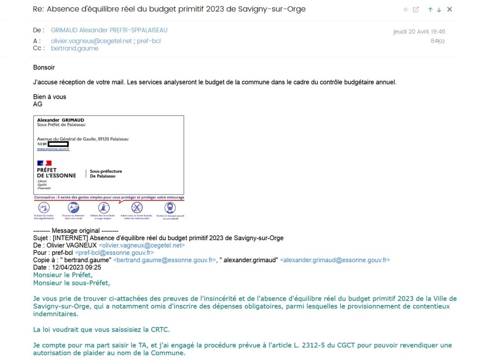 Budget primitif 2023 insincère de la Commune de Savigny-sur-Orge : le sous-préfet accuse réception de mon&nbsp;signalement