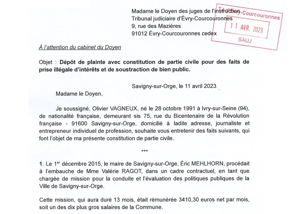 Olivier VAGNEUX se constitue partie civile contre Éric MEHLHORN et Valérie RAGOT le dernier jour avant la&nbsp;prescription