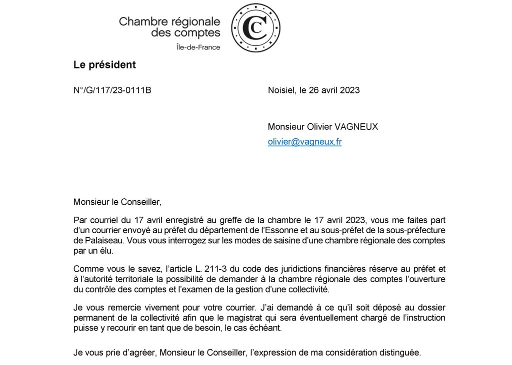 Savigny-sur-Orge : le président de la chambre régionale des comptes me dénie le droit de le saisir, en méconnaissance de l&rsquo;article L. 1612-15 du CGCT&nbsp;!!!