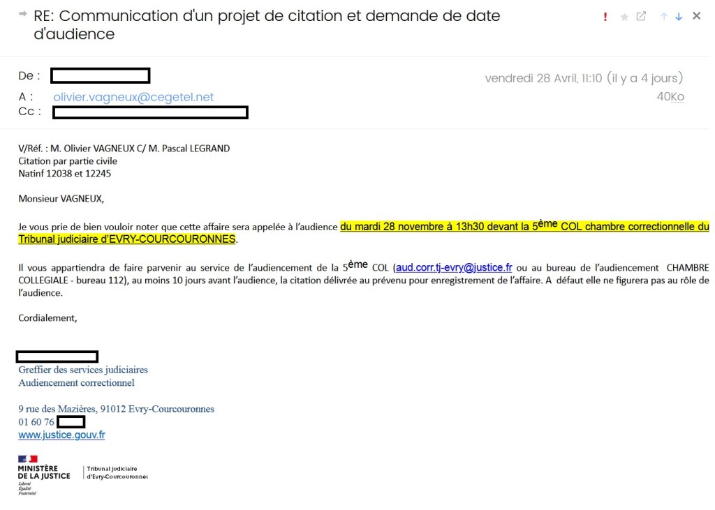 Pascal LEGRAND, premier adjoint au maire de Savigny-sur-Orge, cité à comparaître par Olivier VAGNEUX, le 28 novembre 2023, devant le Tribunal correctionnel d&rsquo;Évry-Courcouronnes