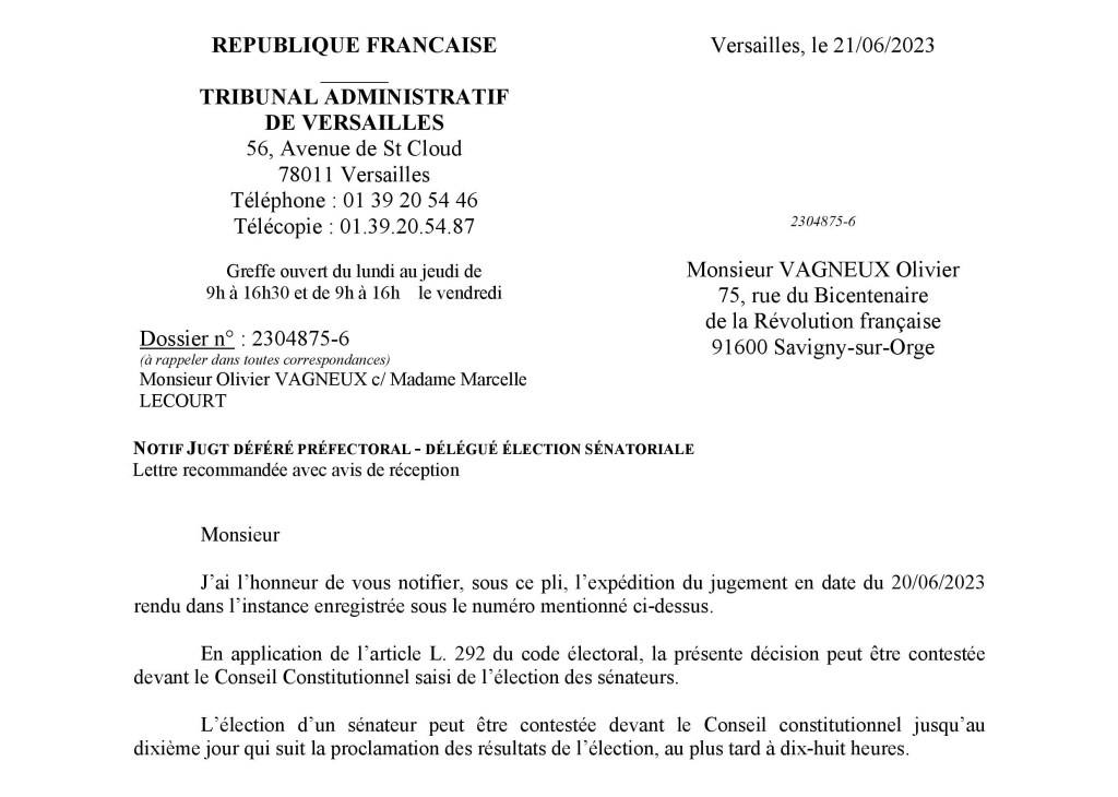 Le Tribunal administratif de Versailles rejette ma protestation électorale dirigée contre la désignation en juin 2023 des électeurs sénatoriaux à Savigny-sur-Orge…