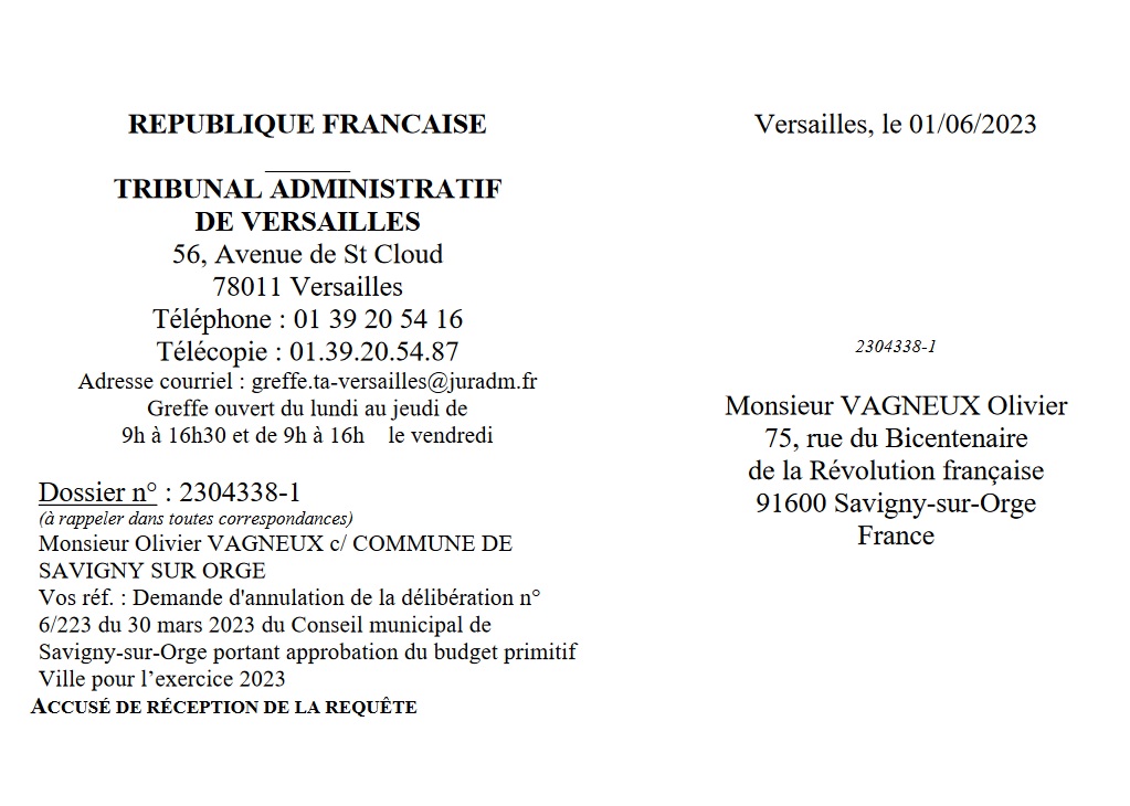 Le Tribunal administratif de Versailles rejette pour irrecevabilité ma demande d&rsquo;autorisation de plaider contre le budget primitif 2023 de Savigny-sur-Orge