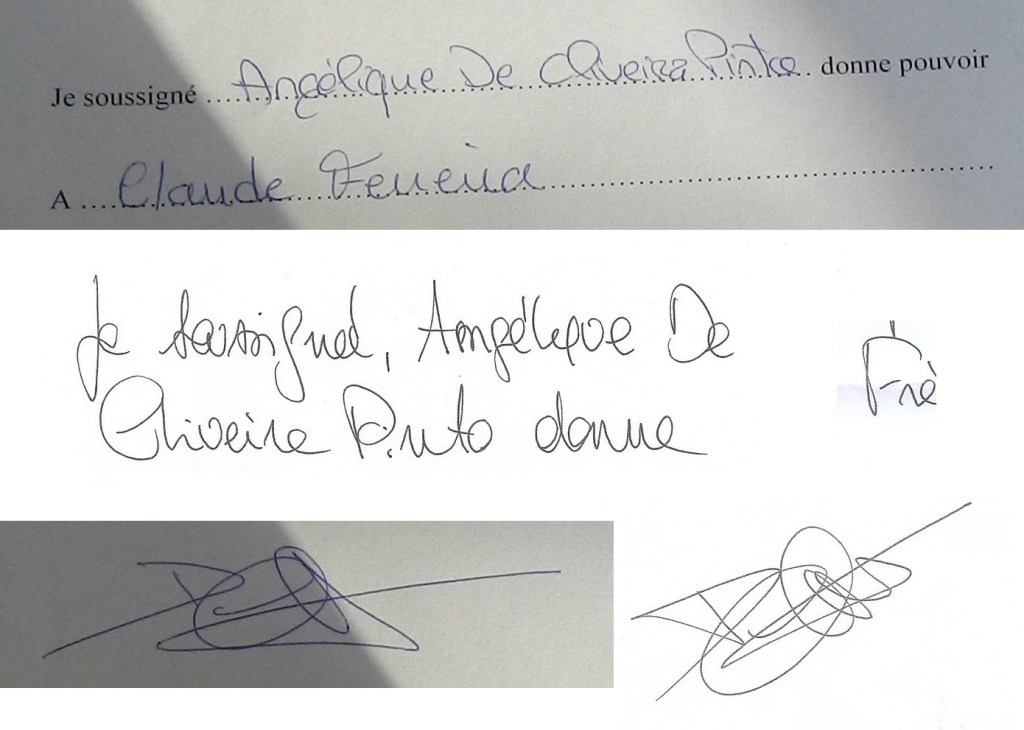 Oh, tiens, Angélique DE OLIVEIRA PINTO a changé d&rsquo;écriture en 18 mois !? Je dénonce une fausse procuration pour la désignation des électeurs sénatoriaux&nbsp;!