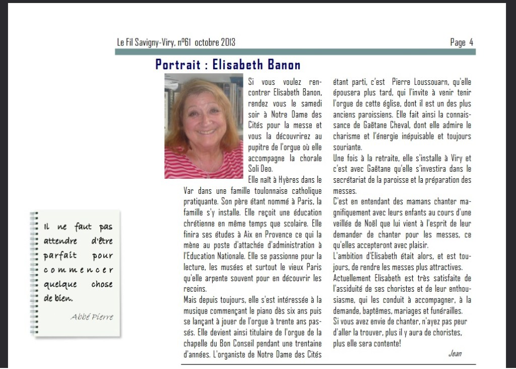 Hommage à Élisabeth BANON, une organiste disponible, gentille et&nbsp;généreuse