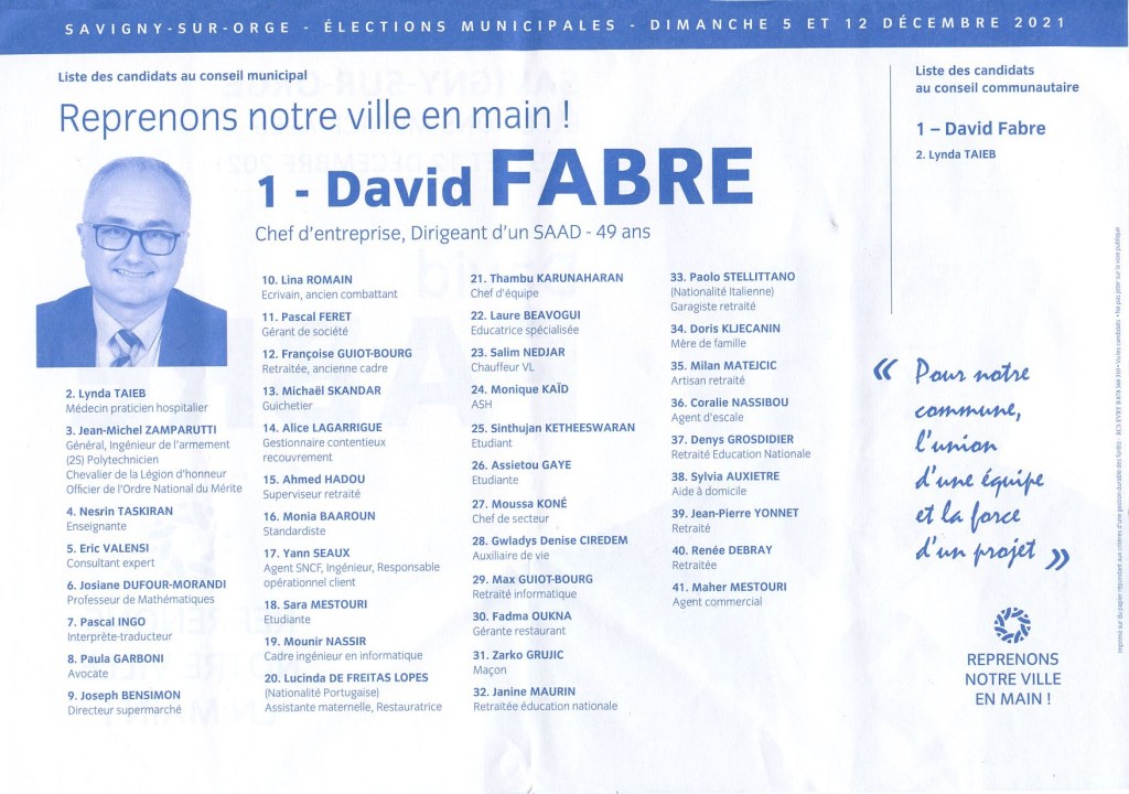 Archives : la liste « Reprenons notre ville en main ! » (sans étiquette) de David FABRE à l’élection municipale partielle 2021 de Savigny-sur-Orge