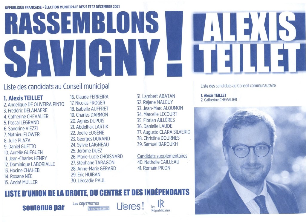 Archives : la liste LR « Rassemblons Savigny ! » d&rsquo;Alexis TEILLET à l&rsquo;élection municipale partielle 2021 de Savigny-sur-Orge