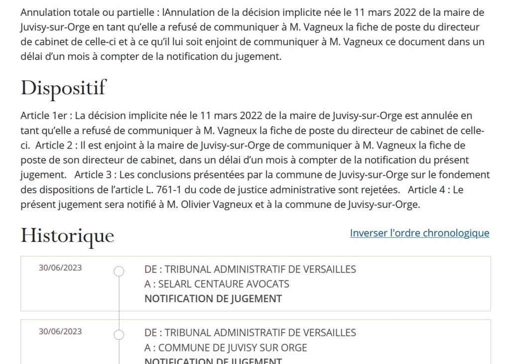 Olivier VAGNEUX obtient une condamnation avec injonction de la Commune de Juvisy-sur-Orge par le Tribunal administratif de Versailles&nbsp;!