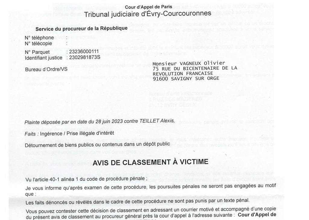Bis repetita placent : le Parquet d&rsquo;Évry-Courcouronnes classe sans suite ma plainte contre la protection fonctionnelle détournée d&rsquo;Alexis&nbsp;TEILLET