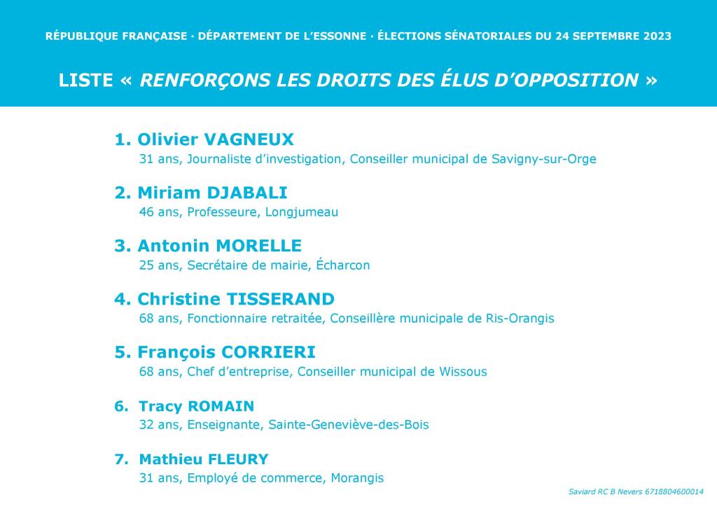 Sénatoriales 2023 en Essonne : la propagande officielle de la liste « Renforçons les droits des élus d&rsquo;opposition », conduite par Olivier&nbsp;VAGNEUX
