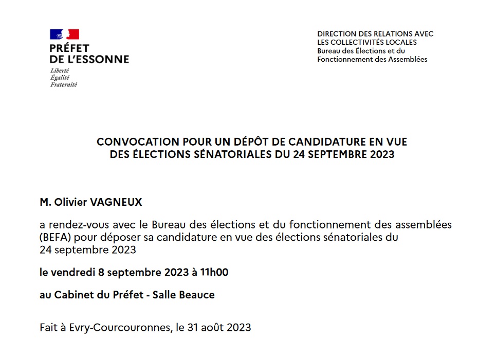 Olivier VAGNEUX a rendez-vous pour déposer sa liste sénatoriale en préfecture de l&rsquo;Essonne&nbsp;!