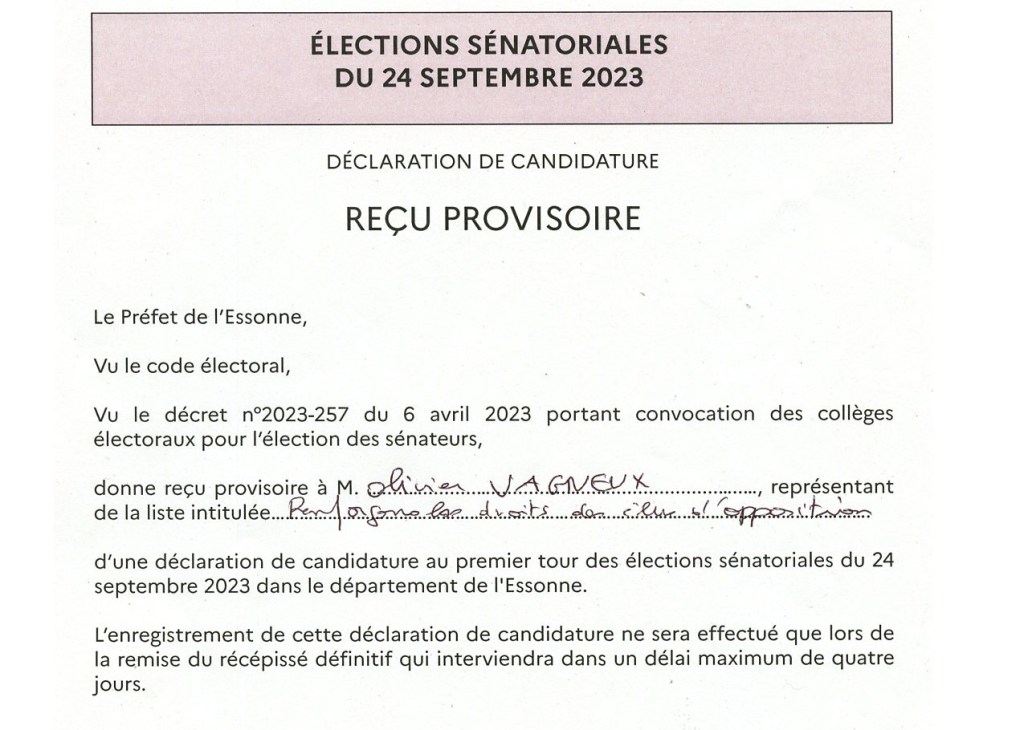 Olivier « Biscotte » VAGNEUX a déposé sa liste aux sénatoriales 2023 en&nbsp;Essonne