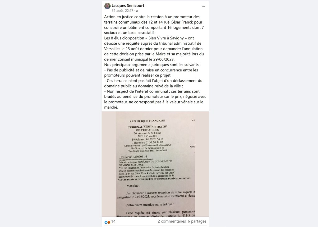 Droit de suite : Jacques SÉNICOURT et les élus de « Bien Vivre à Savigny » ont également déposé un recours contre la cession des terrains du 12-14 rue César-Franck à Savigny-sur-Orge