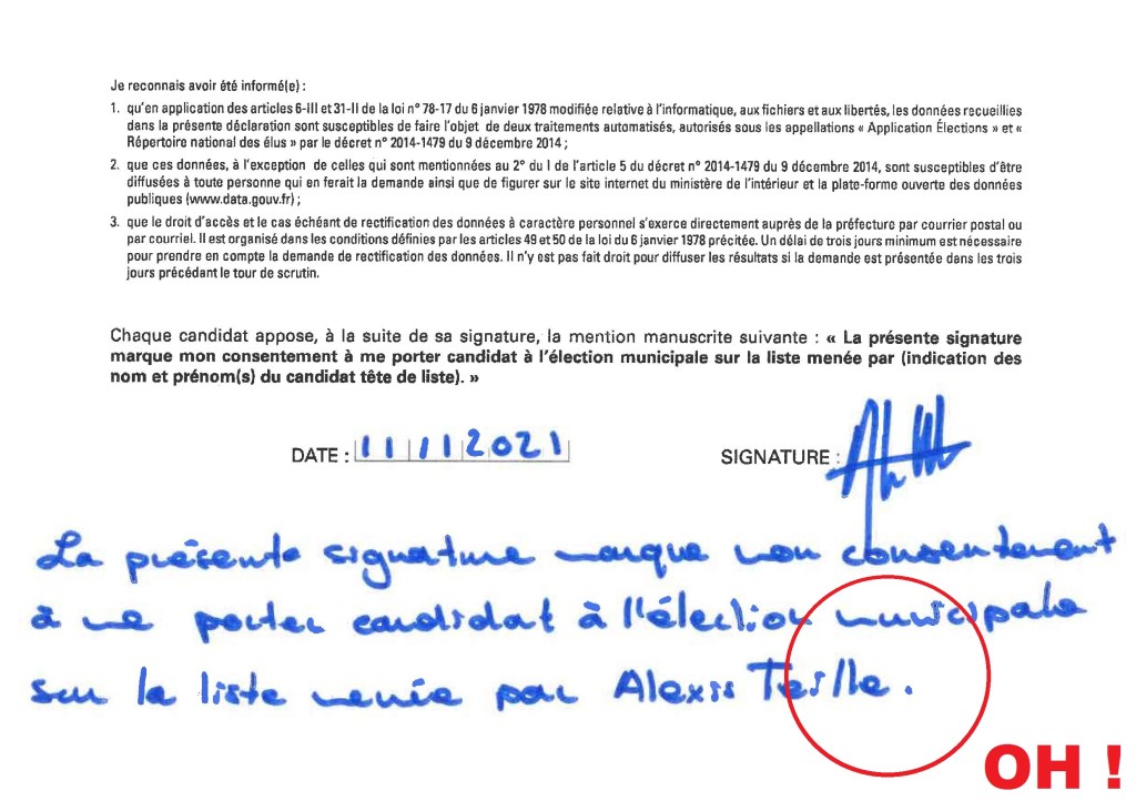 Oh ben tiens, Alexis TEILLET (ou Alexis TEILLE) a changé d&rsquo;écriture entre avril et novembre 2021 !!! Ou alors ce n&rsquo;est pas lui qui remplit ses formulaires de déclaration de candidature ?&nbsp;#assisté