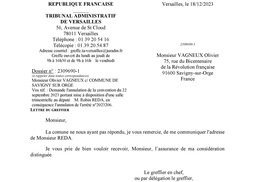 Mort de rire : le Tribunal administratif me demande l&rsquo;adresse de Robin REDA parce que TEILLET ne veut pas leur&nbsp;donner…