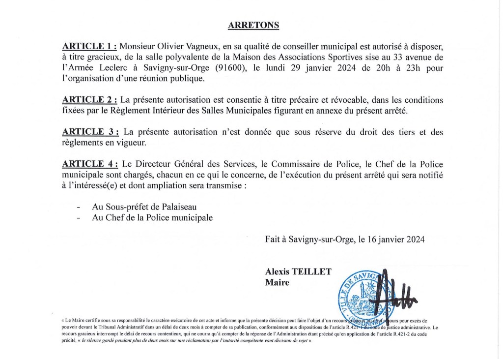 INVITATION : le conseiller municipal Olivier VAGNEUX vous invite à ses vœux 2024 à la population le lundi 29 janvier à 20 heures 00