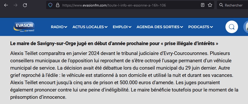Le texte de ma citation pour prise illégale d&rsquo;intérêts contre Alexis TEILLET, maire de Savigny-sur-Orge [octroi d&rsquo;un véhicule de service permanent avec remisage à&nbsp;domicile]