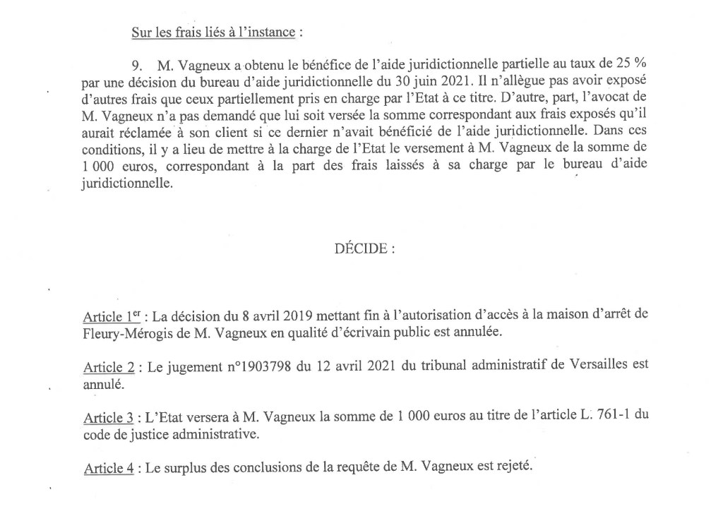 Olivier VAGNEUX EN PRISON !!! Au hebs ! Au shtar ! (la Cour administrative d&rsquo;appel annule une décision du Ministère de la Justice, un jugement du Tribunal de Versailles et condamne l&rsquo;État à me verser 1000&nbsp;euros)
