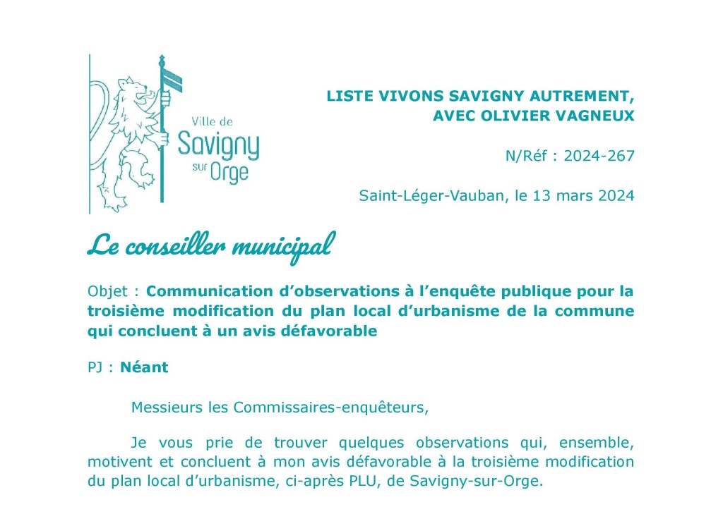 Dernier jour d’enquête publique pour la modification no 3 du PLU de Savigny-sur-Orge (jusqu’à 11 h 30 !) : mon avis défavorable