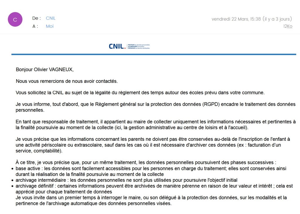 Savigny-sur-Orge : la CNIL me confirme que la Mairie n&rsquo;a pas le droit d&rsquo;archiver automatiquement et définitivement les données personnelles des usagers du&nbsp;périscolaire