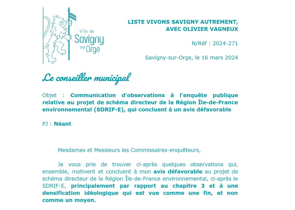 Mes observations, et mon avis défavorable, à l&rsquo;enquête publique relative au&nbsp;SDRIF-E