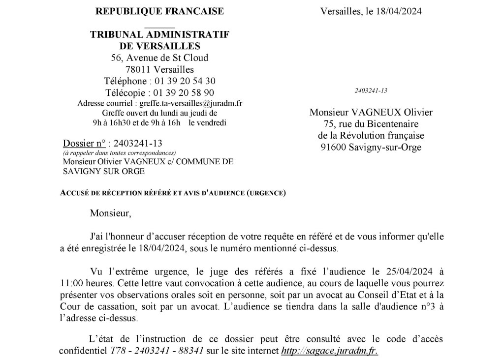 Olivier VAGNEUX obtient une audience en référé suspension contre la décision du maire de Savigny de refus de publier sa tribune dans le magazine municipal de mai&nbsp;2024