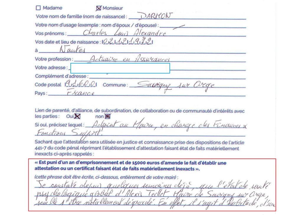 La suprême intelligence de Charles DARMON, fracassée sur le bête mur du stupide remplissage d&rsquo;une attestation de témoin…&nbsp;¯\_(ツ)_/¯