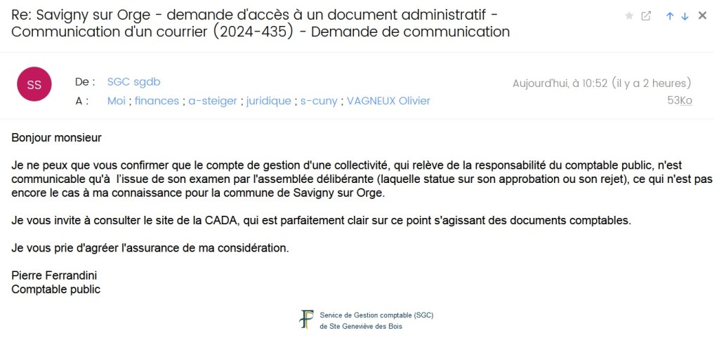 Le comptable public de Savigny-sur-Orge, Pierre FERRANDINI, ne fait pas la différence entre un document comptable et un document administratif se rapportant à la fonction de comptabiliser…