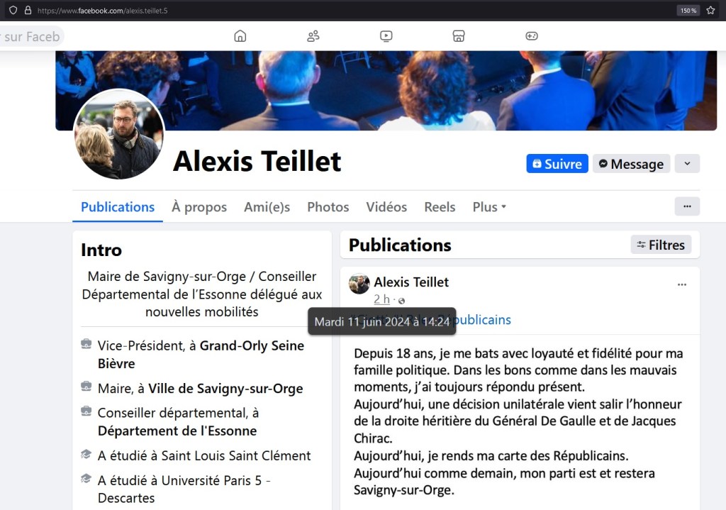 L’arriviste Alexis TEILLET quitte le parti Les républicains (qu’il avait déjà quitté de fait il y a deux ans)…