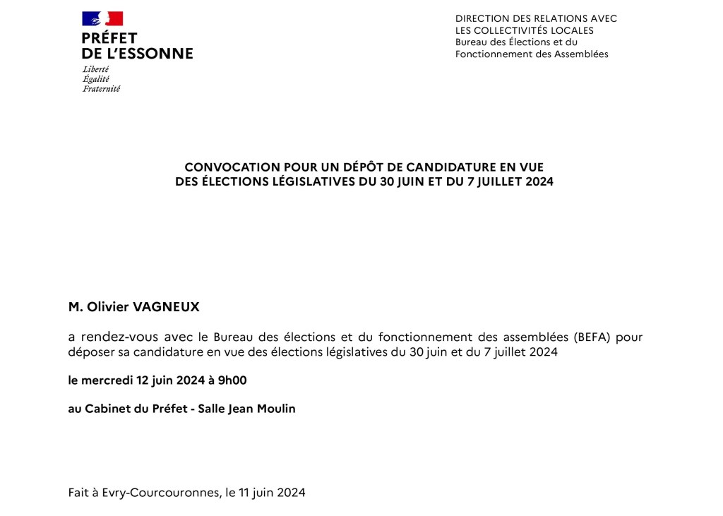 Législatives 2024 : je serai le premier candidat enregistré en Essonne&nbsp;!