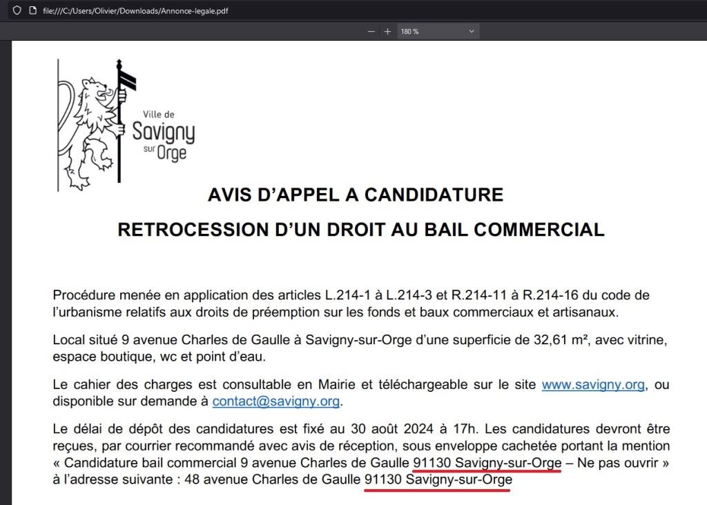 Les Bac – 15 de la Mairie de Savigny-sur-Orge ne connaissent toujours pas le code postal de la ville… (Et ce n’est pourtant pas faute de leur avoir fait corriger par amendement !)