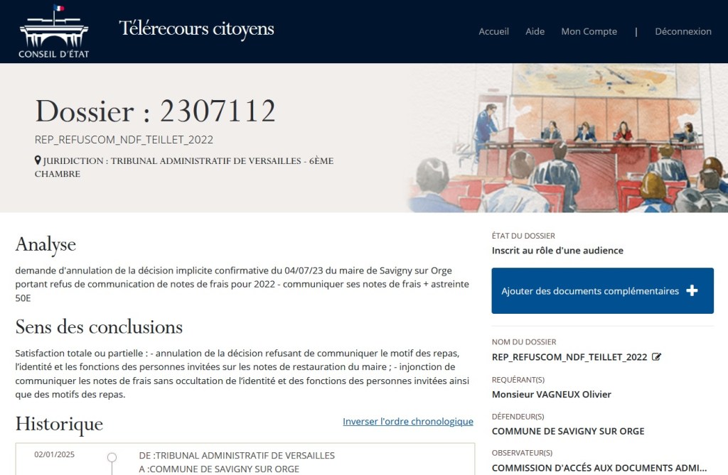 Le rapporteur public du Tribunal administratif de Versailles conclut à ce qu&rsquo;Alexis TEILLET me communique les motifs et les invités de ses repas, payés par ses notes de frais de&nbsp;représentation