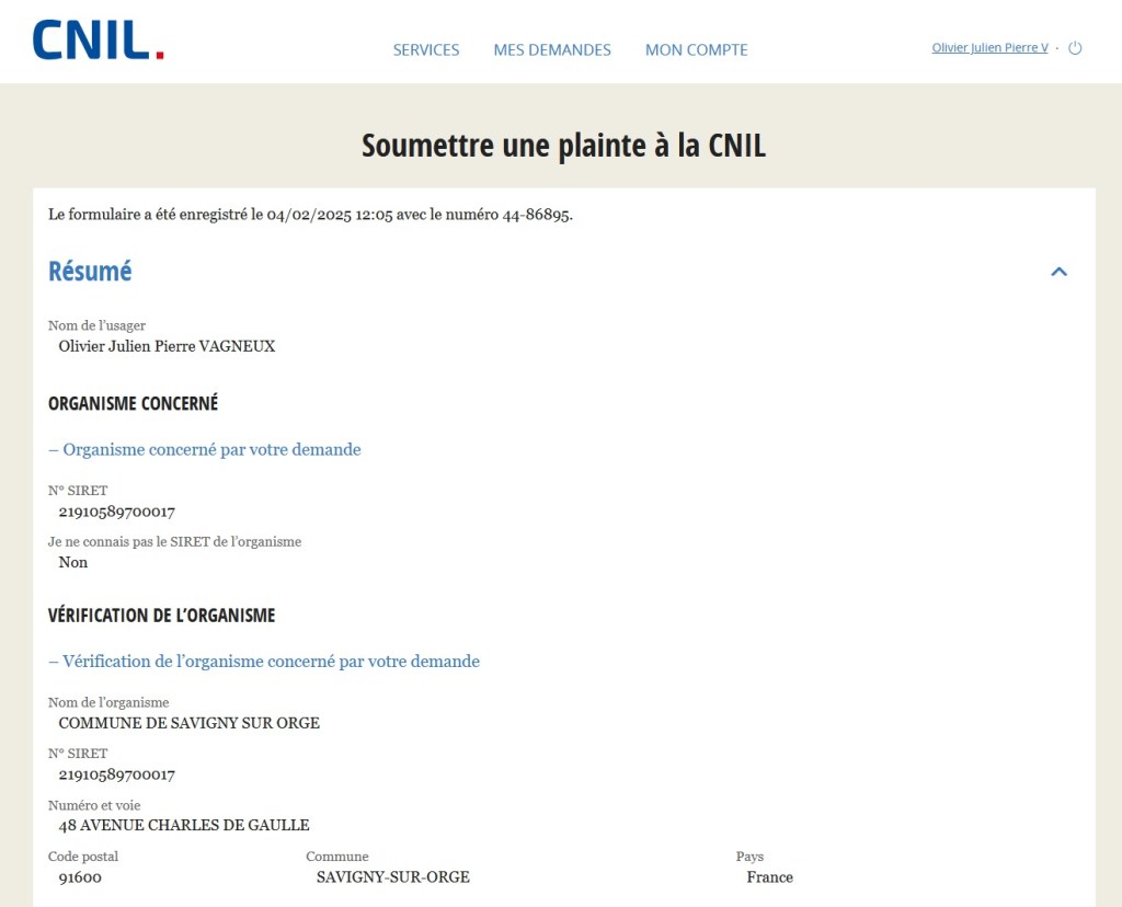 Ma plainte à la CNIL contre le fichage dont je fais l&rsquo;objet par la Mairie de Savigny-sur-Orge sous Alexis&nbsp;TEILLET