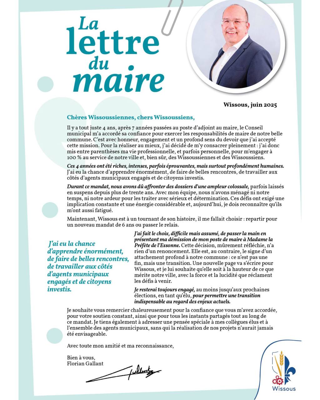 Déjà &laquo;&nbsp;fatigué&nbsp;&raquo; par 4 ans de mandat, Florian GALLANT, maire (ex-DLF) de Wissous démissionne. Il devrait être remplacé par le macroniste Cyrille&nbsp;TELMAN.
