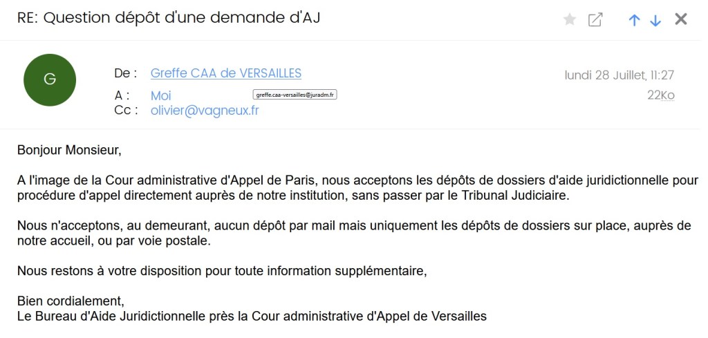 Bon à savoir : il est possible de demander une aide juridictionnelle directement à la cour administrative d’appel (CAA) de Versailles