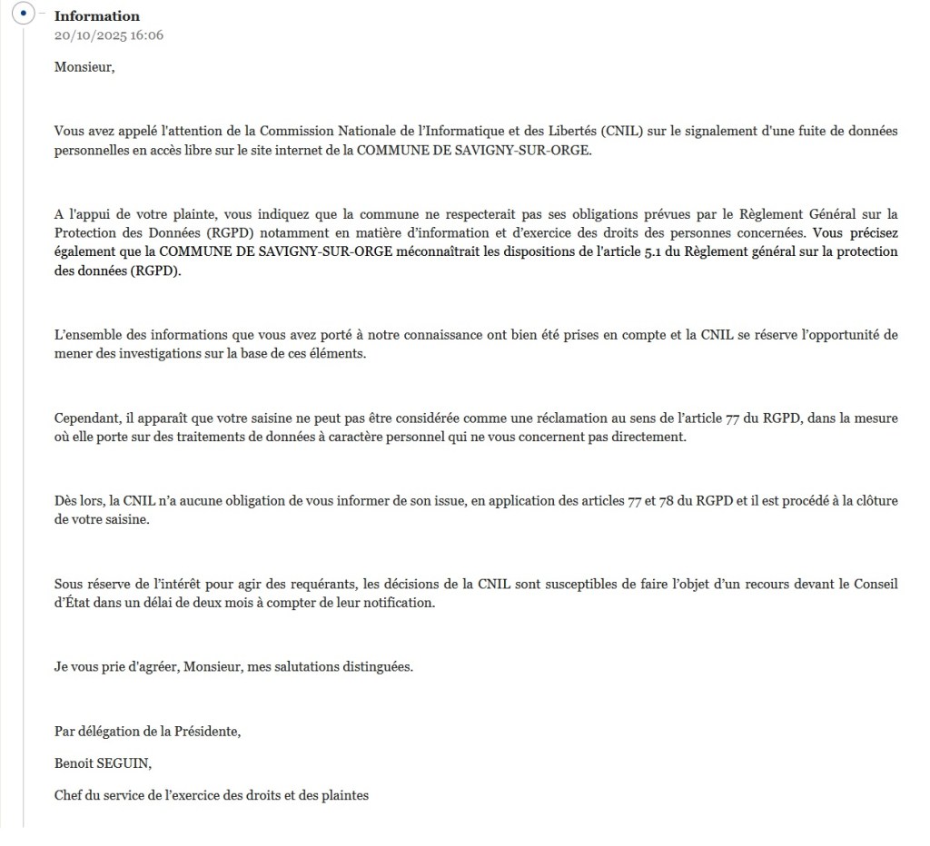 Adresse du maire en accès libre : la CNIL clôture ma plainte pour défaut d&rsquo;intérêt à agir, mais « se réserve l&rsquo;opportunité d&rsquo;investiguer »
