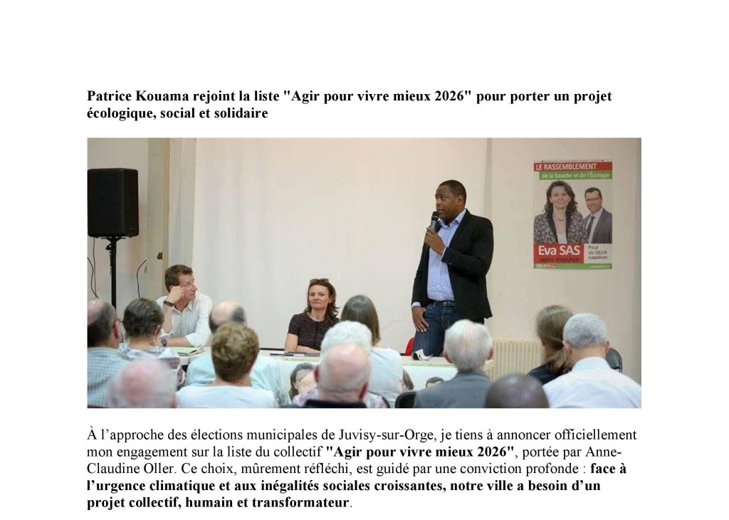 Je mets fin à une rumeur qui circule en Mairie de Savigny-sur-Orge : Patrice KOUAMA ne sera pas sur ma liste, puisqu&rsquo;il sera candidat à Juvisy-sur-Orge&nbsp;!