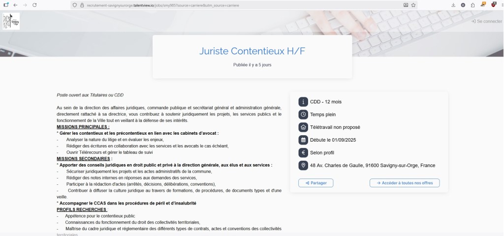 Avis : la Mairie de Savigny republie son annonce pour trouver un juriste contentieux…