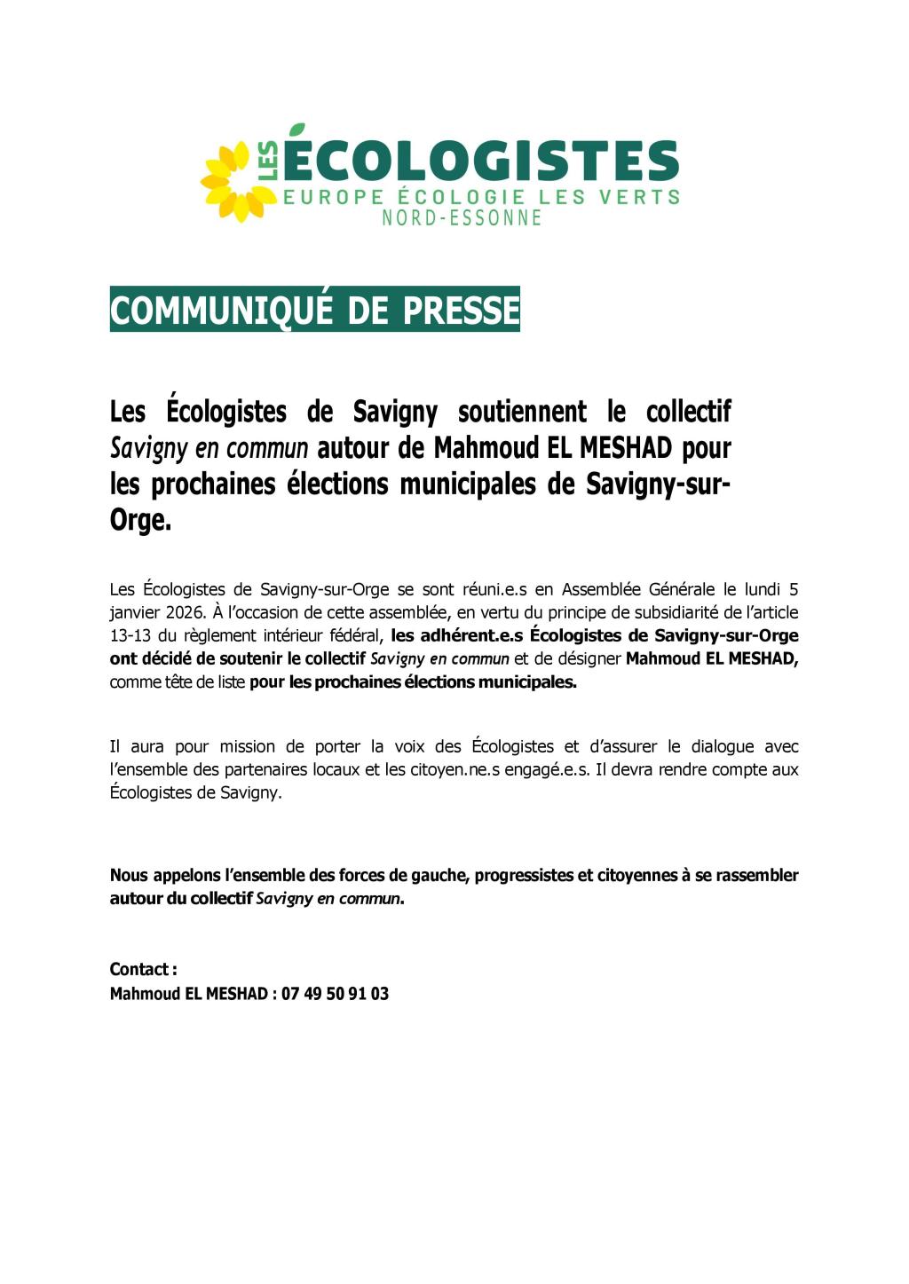 Municipales 2026 à Savigny-sur-Orge : Mahmoud EL MESHAD revendique l&rsquo;investiture des Écologistes&nbsp;(ex-EELV)