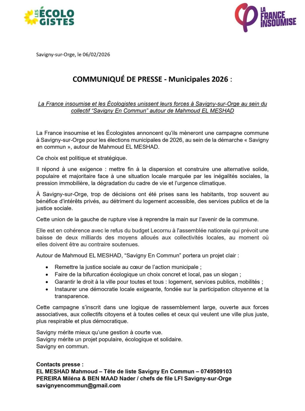 Municipales 2026 à Savigny-sur-Orge : LFI et EELV (LÉ) annoncent leur alliance derrière Mahmoud EL&nbsp;MESHAD
