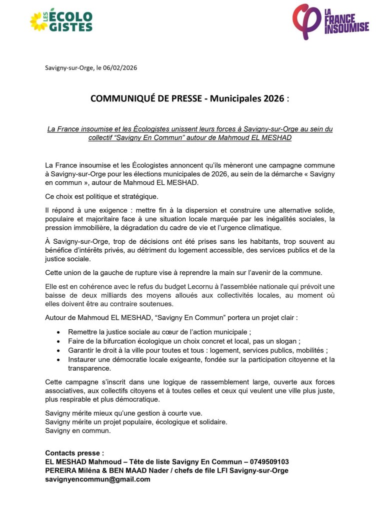 Municipales 2026 à Savigny-sur-Orge : LFI et EELV (LÉ) annoncent leur alliance derrière Mahmoud EL&nbsp;MESHAD