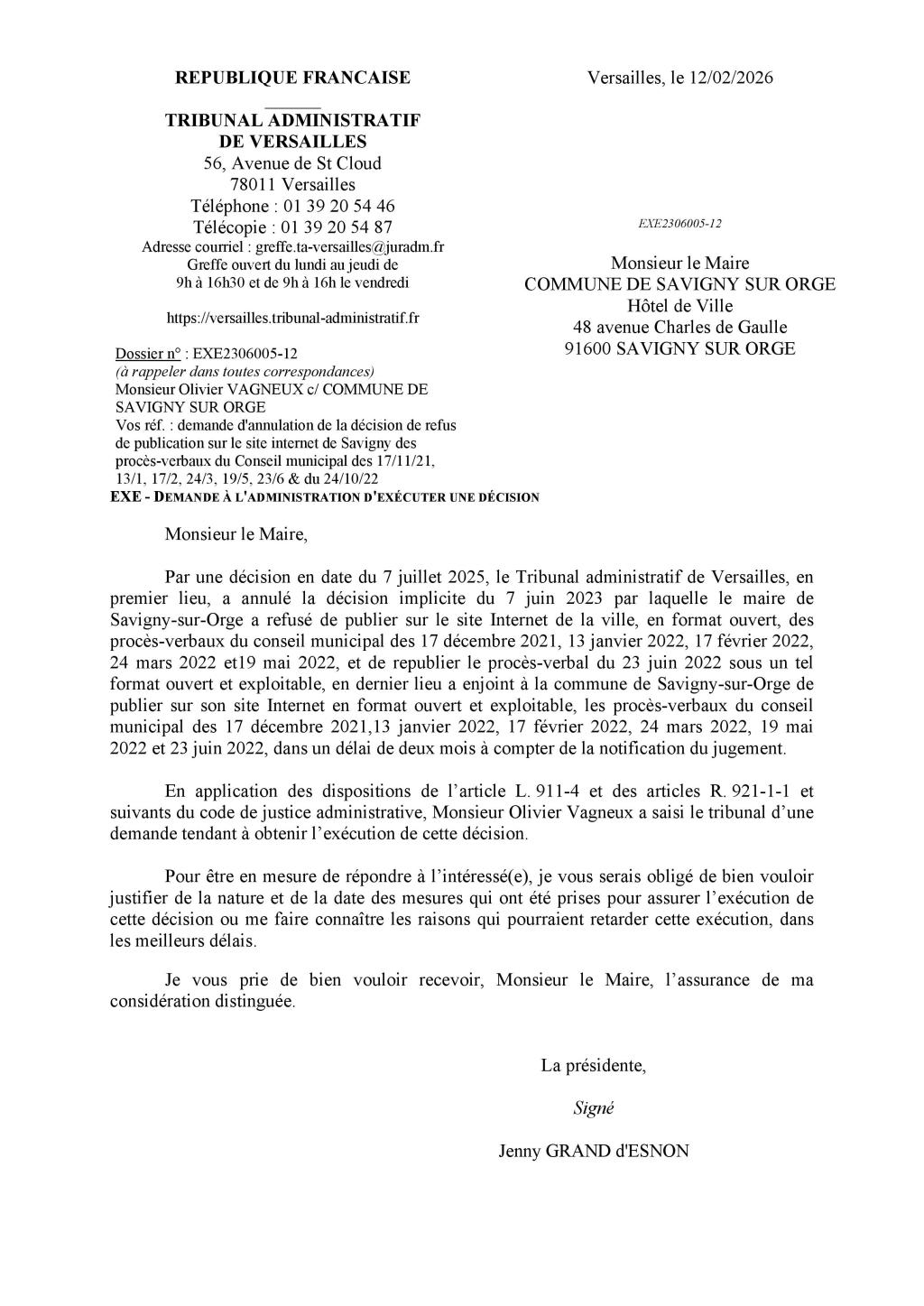 La présidente du Tribunal administratif demande encore à Alexis TEILLET d’exécuter un jugement, ce qu’il aurait dû faire il y a plus de quatre mois…